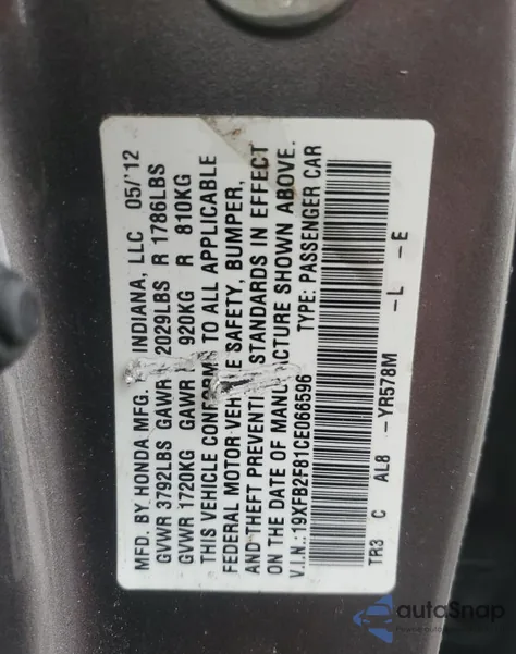 2012 Honda Civic Ex from USA, damaged, VIN 19XFB2F81CE066596